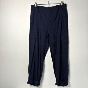 Vince Linen Blend Pants Size L Navy Blue Tapered Cuffed Leg Zip Hook Eye Closure